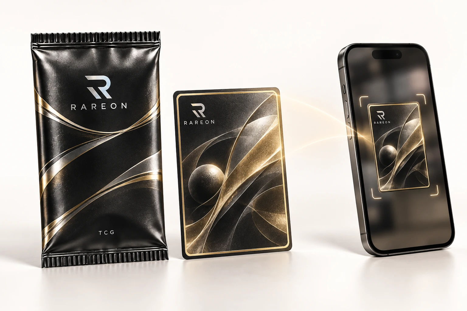 RAREON TCG 팩과 카드 옆에서 스마트폰 카메라로 카드를 스캔하는 개념 이미지