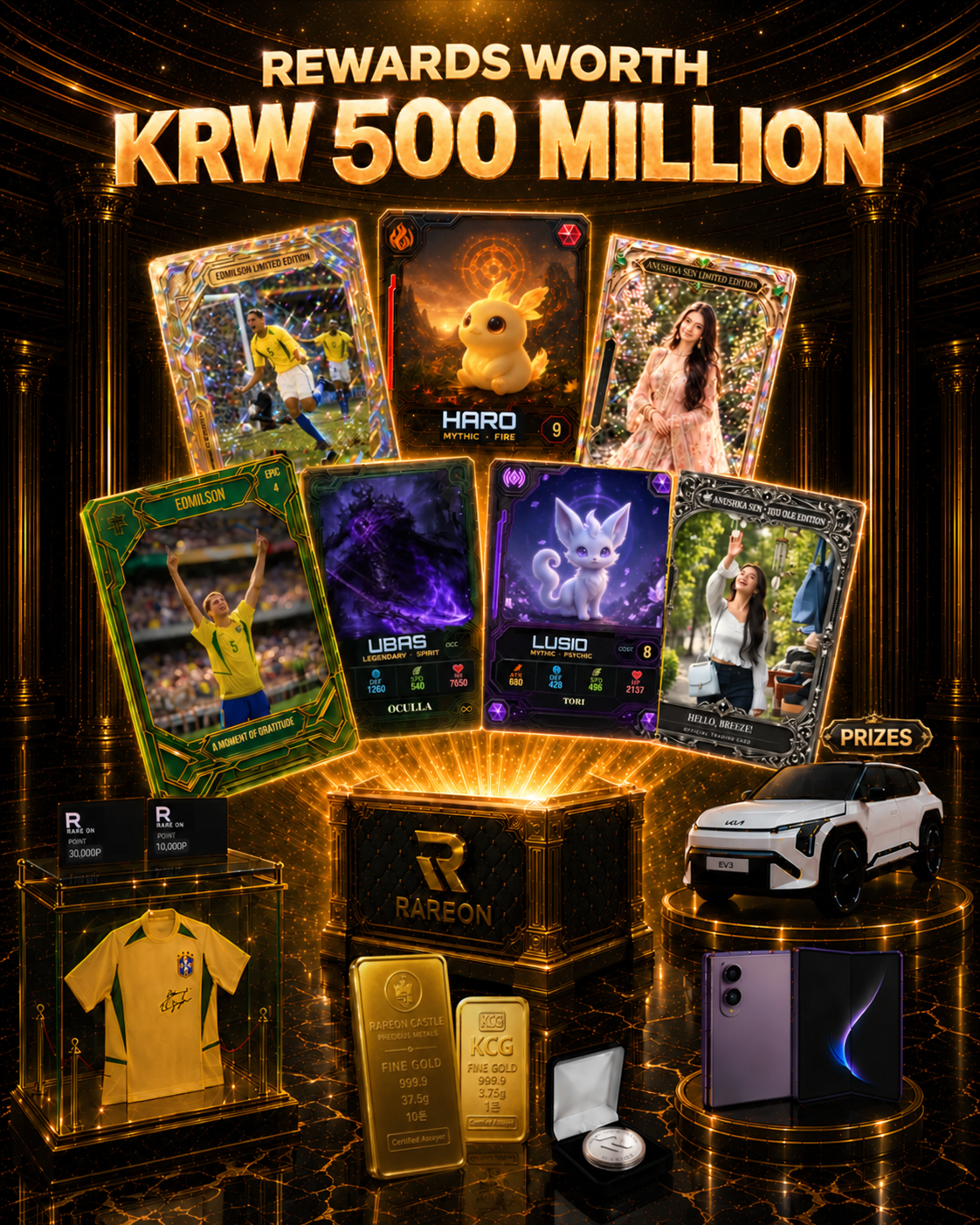 Hobby cards, KIA EV3, gold bars, signed jerseys, smartphones, and Rare-On point prizes